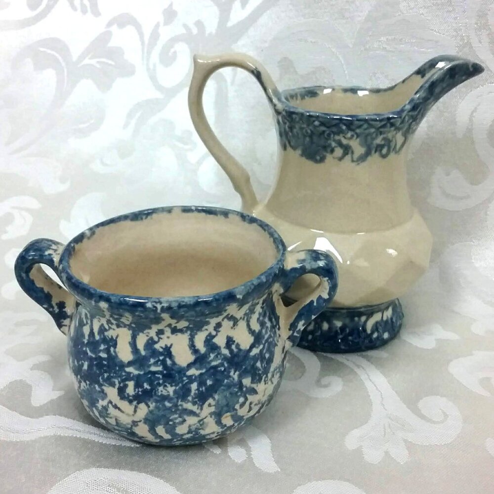 Vintage Spongeware Creamer and Sugar Set. Blue and Tan Studio Pottery Tableware